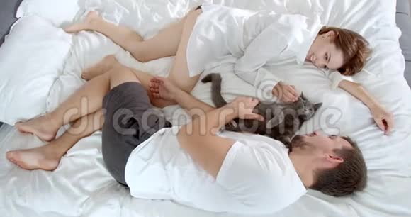 女友和男友躺在床上抚摸着他们的灰猫4k视频的预览图