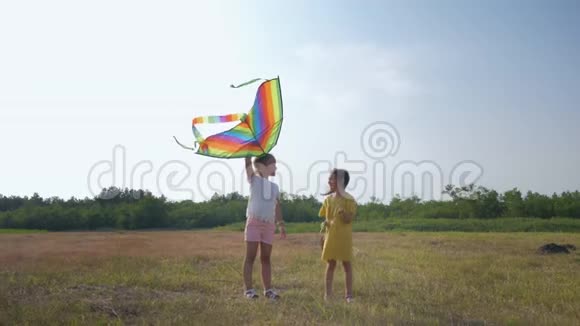 快乐的孩子们快乐的小女孩在阳光明媚的周末积极地在空地上玩风筝视频的预览图