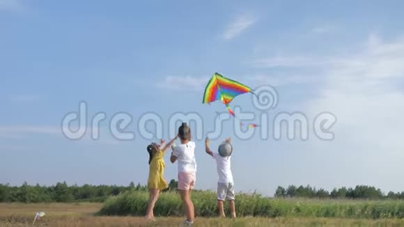儿童游戏小朋友在暑假玩风筝在森林里玩风筝视频的预览图