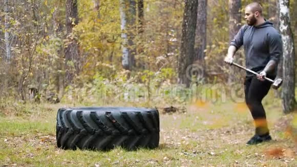 一名纹身男健美运动员用金属锤击卡车轮胎秋天的森林视频的预览图