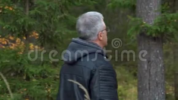 下午一个头发花白戴着眼镜的苗条英俊的男子沿着森林小径在松树和视频的预览图