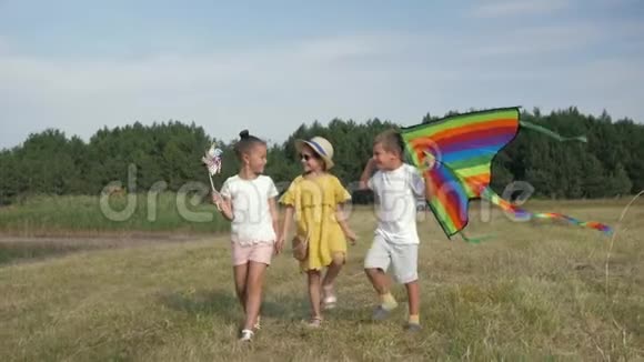 快乐的周末快乐的孩子们在绿色的草地上散步在森林和蓝色的背景下放风筝视频的预览图