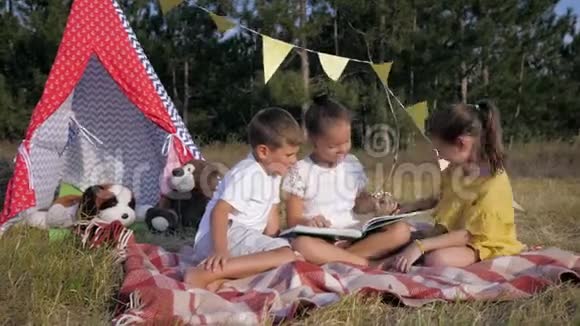 可爱的孩子们可爱的女孩子和漂亮的男孩在树林里野餐时喜欢书上的故事视频的预览图