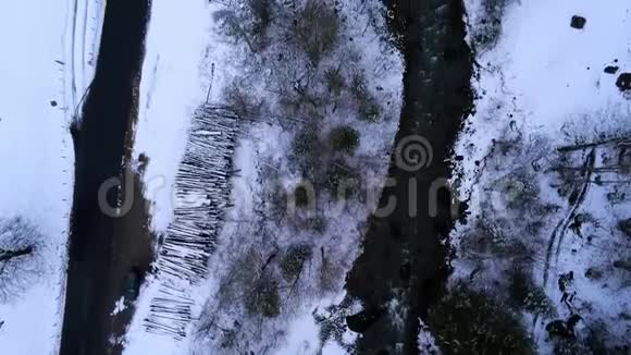 在冬天的白天无人机飞过一片白雪皑皑的冬天视频的预览图