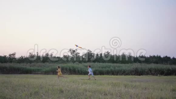 孩子们玩风筝快乐的朋友男孩和女孩跑在空地上玩空中玩具享受户外活动的乐趣视频的预览图