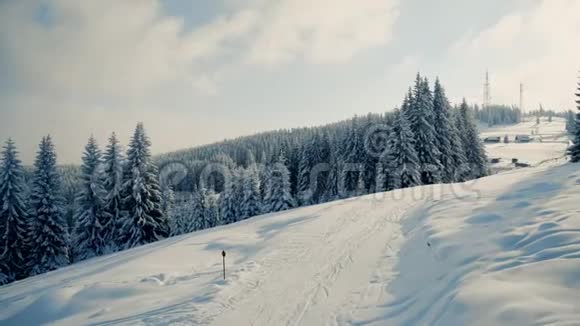 白雪覆盖的森林美丽的雪山景观全景视频的预览图