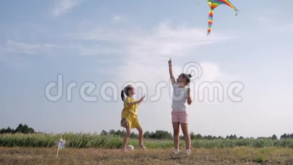 户外游戏可爱开朗的女孩朋友在草地上无忧无虑地放风筝玩得开心视频的预览图