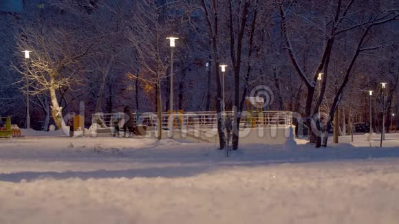 下雪后人们带着新鲜的雪在公园里散步视频的预览图