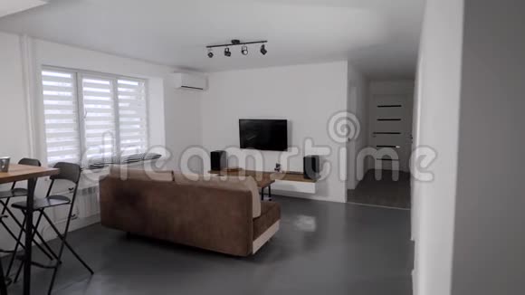 带有斯堪的纳维亚内部的舒适公寓客厅内的家庭影院系统视频的预览图