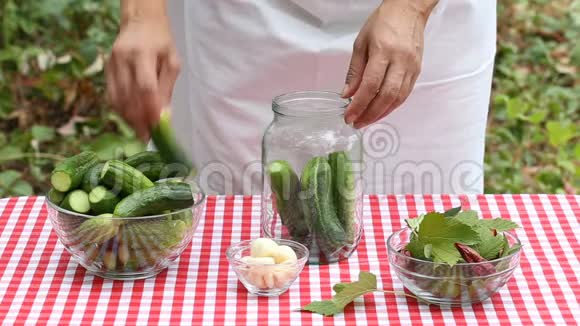女厨师把黄瓜和香料放入玻璃罐保存视频的预览图