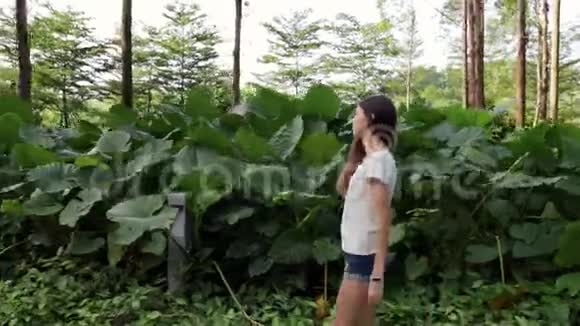 一个女孩走在城市公园里的许多绿色植物中视频的预览图