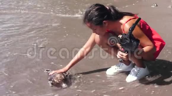 一名女性录相员在海岸发现一条死鱼视频的预览图