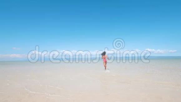 在美丽的岛屿沙洲里一个女人在水中奔跑视频的预览图