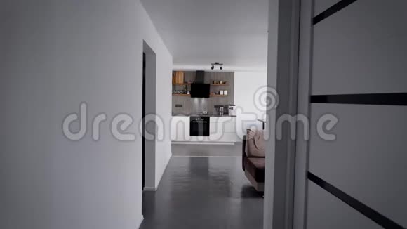摄像机穿过客厅与厨房结合简约时尚的室内设计视频的预览图