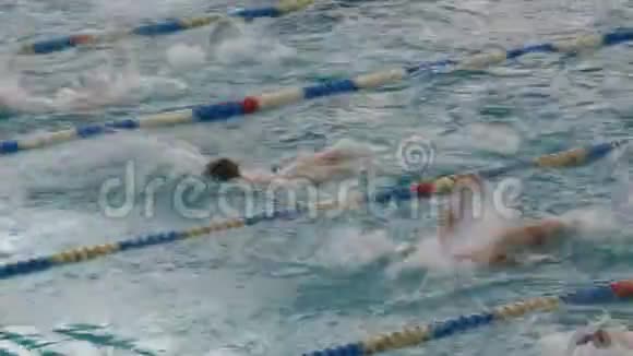 男子游泳运动员在一个特别配备的大型游泳池游泳有潜水护目镜和帽子同步化视频的预览图