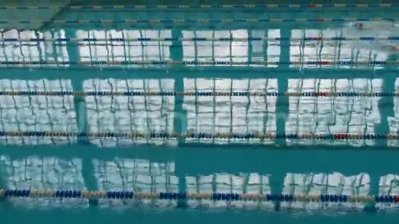 三名游泳者带潜水护目镜和特殊泳帽有许多特殊轨道的游泳池女子自由泳视频的预览图