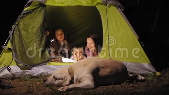 一家人带着狗在露营帐篷里看书视频的预览图