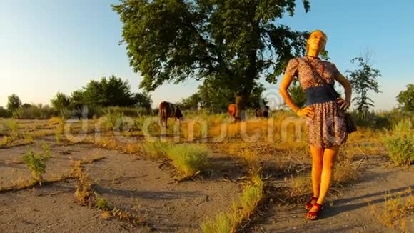 在夕阳西下的乡村夏日里乡村女牛仔们手牵着手站在牧场上视频的预览图
