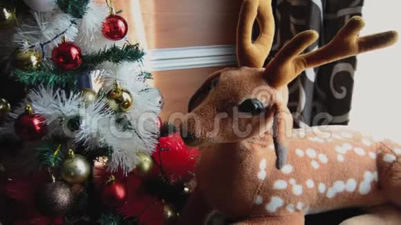 软玩具驯鹿和装饰圣诞树视频的预览图