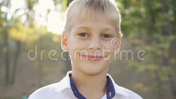小可爱的男孩看着相机微笑着公园里一个孩子在阳光下的肖像休闲活动视频的预览图