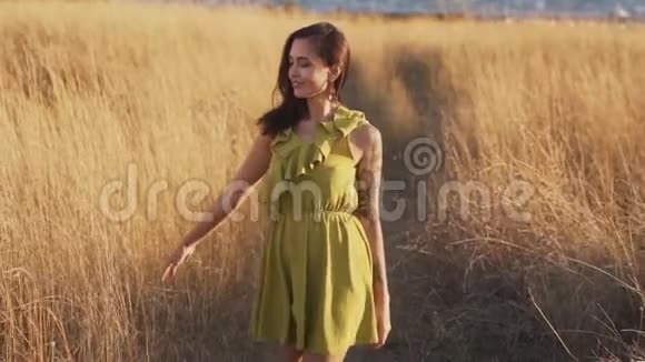 快乐的女人在夏天的田野里散步触摸干枯的高草慢动作视频的预览图