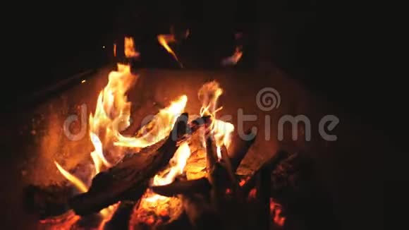 美丽的火焰从燃烧切片木材在曼格尔在夜间在黑暗中金属胸罩内的篝火木柴燃烧视频的预览图