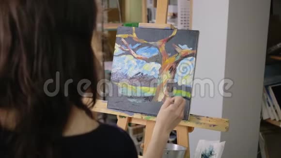 在艺术治疗课上女人在画布上描绘风景从后面看视频的预览图