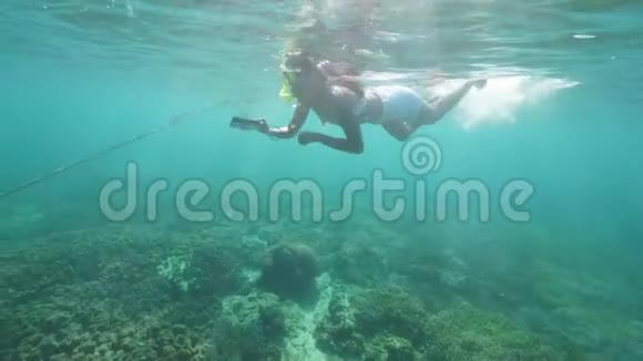年轻女性在透明的海水中用浮潜面罩和移动相机浮潜水下观景女孩游泳视频的预览图