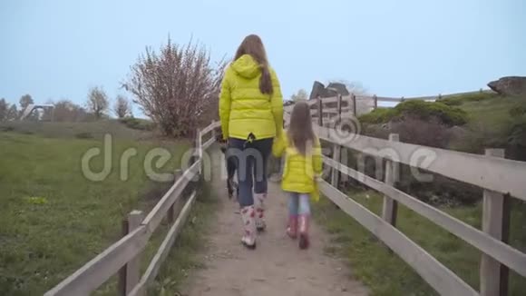 秋天白人妇女和女孩穿着类似的黄色外套带着大黑杜宾沿着篱笆散步视频的预览图
