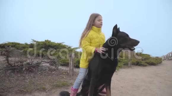一个小白种人女孩和她的宠物站在秋天公园的肖像漂亮的大黑牛仔和他可爱的视频的预览图