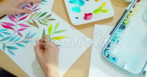 用画笔调色板和颜料在纸上画特写水彩在白纸上画叶子视频的预览图