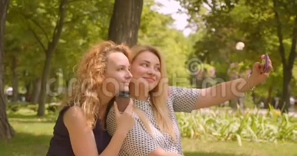 两位女朋友在电话中自拍的特写肖像开心地坐在公园户外的毯子上微笑视频的预览图