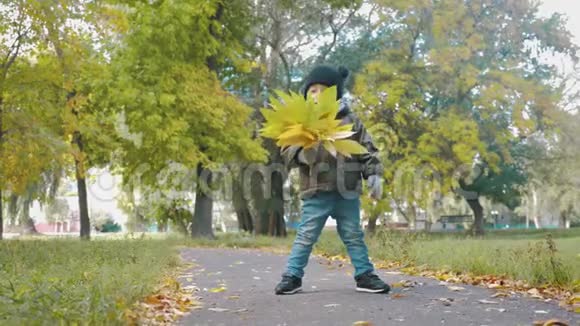 秋天公园里快乐的小男孩小孩子在秋步上玩耍秋天的树有金色的叶子视频的预览图