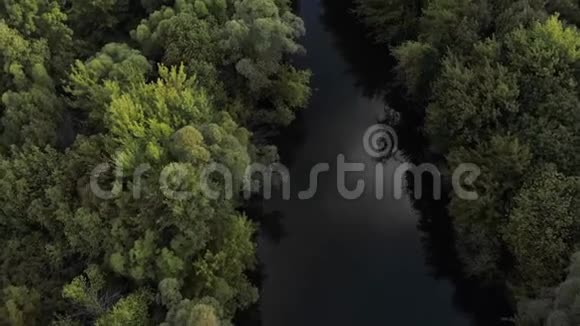 暗河流过秋色彩林无人机飞过森林和平静的河流顶顶向下视频的预览图