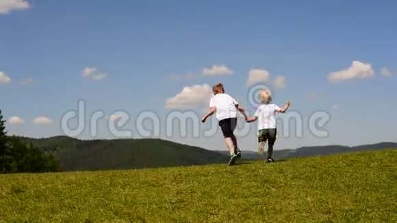 两个小男孩在绿色的草地上奔跑手牵着蓝天和云彩的背景视频的预览图