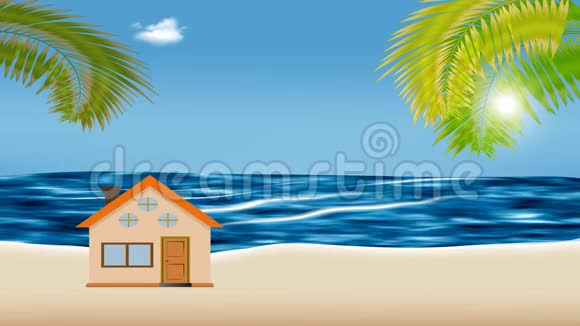 卡通动画的热带岛屿与可爱的房子和棕榈树远处是一片波涛汹涌的大海阳光普照视频的预览图