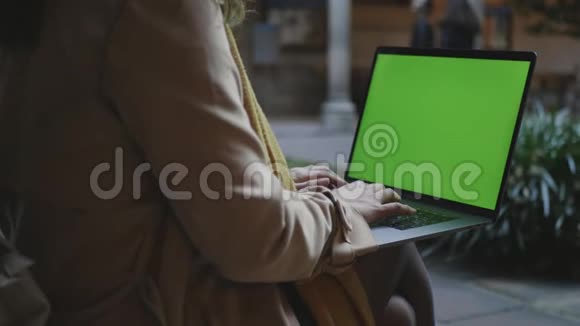 学生手工作笔记本电脑与绿色屏幕女商人打手提电脑视频的预览图