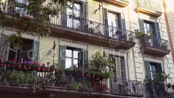 巴塞罗那老房子的正面有带植物的阳台城市丛林生态生活视频的预览图