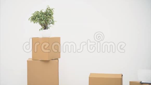 壮汉正提着一个大移动的箱子里面装满了物品在白色的背景上隔离开来4K视频的预览图