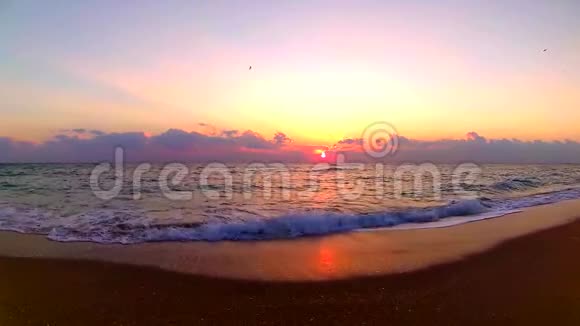 海浪拍打在沙滩上令人印象深刻的橙色温暖的黄昏日落在海滨景观稳定的视野视频的预览图