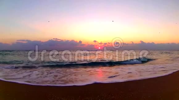 海浪拍打沙滩在风景如画的橙色温暖的傍晚日落在海滨景观稳定的视野视频的预览图