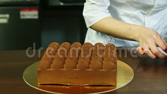 糖果装饰由单一成熟樱桃现代巧克力奶油慕斯蛋糕视频的预览图