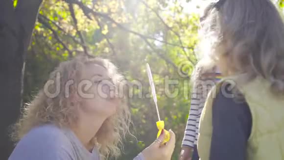 微笑的白种人女人坐在阳光下吹肥皂泡在小美丽的金发女孩身上两人家庭视频的预览图