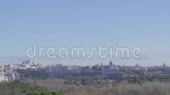 马德里全景城市天际线与阿尔穆迪纳大教堂和马德里皇家宫殿视频的预览图