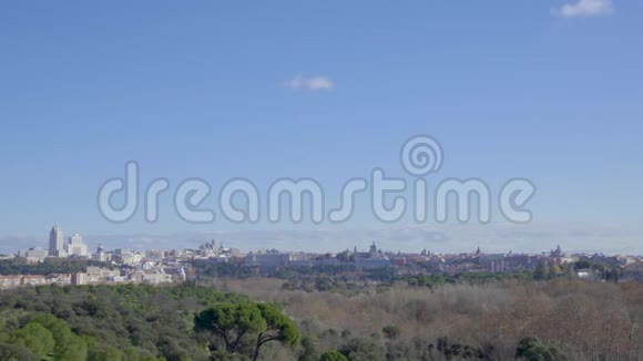 马德里全景城市天际线与阿尔穆迪纳大教堂和马德里皇家宫殿视频的预览图