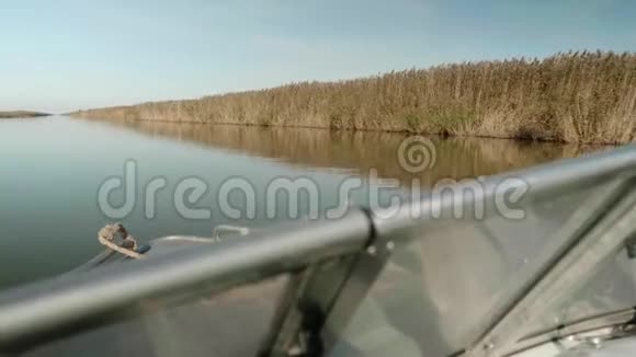 从移动的船上看到河岸上干燥的芦苇视频的预览图