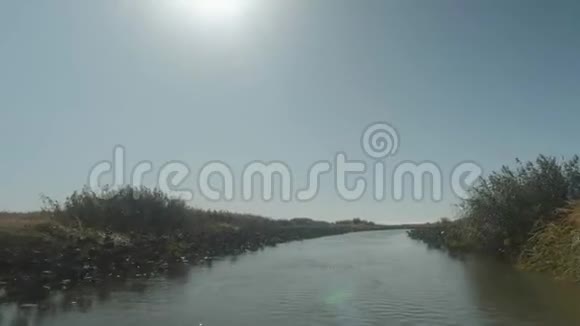从水路干芦苇之间航行的船上可以看到秋天的风景视频的预览图