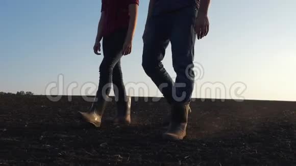一家农民在日落时在田野上散步穿胶靴的人的脚特写农业概念视频的预览图