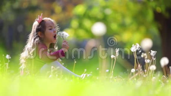 可爱的小女孩在秋天公园吹蒲公英愿望梦想游戏时间视频的预览图