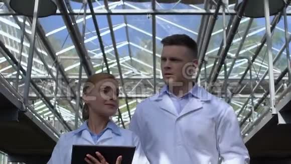 穿白色西装的男人和女人在温室里散步分析实验结果视频的预览图